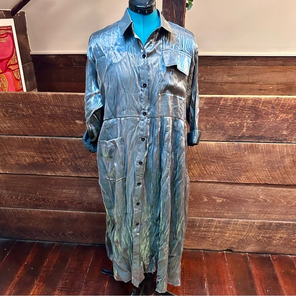 Kate Hewko Silver Button Down Shirt Dress / Kimono Duster w/ Dolman Sleeves - Picture 6 of 14